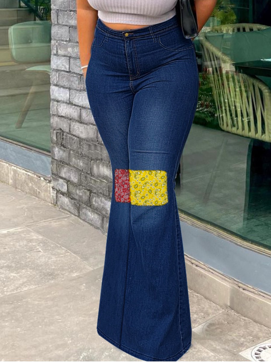 

LW Mid Waist Cashew Print Patchwork Boot Cut Jeans, Blue black