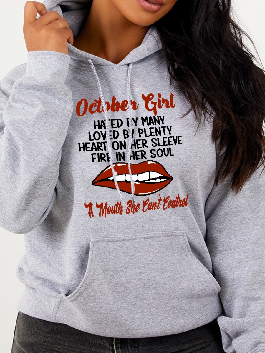 LW Lip Letter Print Hoodie, Grey