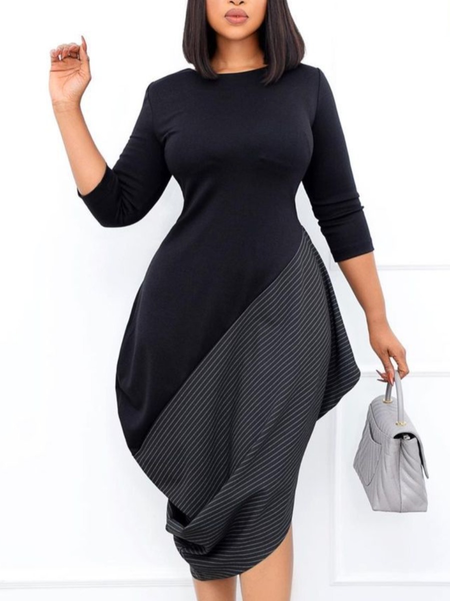 

LW Round Neck Striped Bud Dress, Black