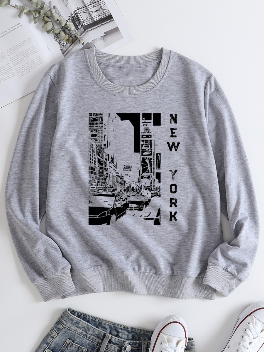 

LW Round Neck Letter Print Sweatshirt, Grey