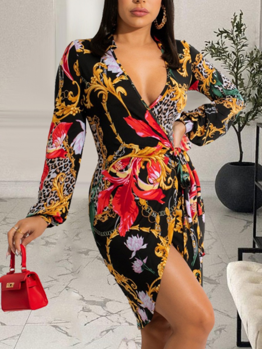 

LW SXY Surplice Neck Lace-up Mixed Print Bodycon Dress, Multi