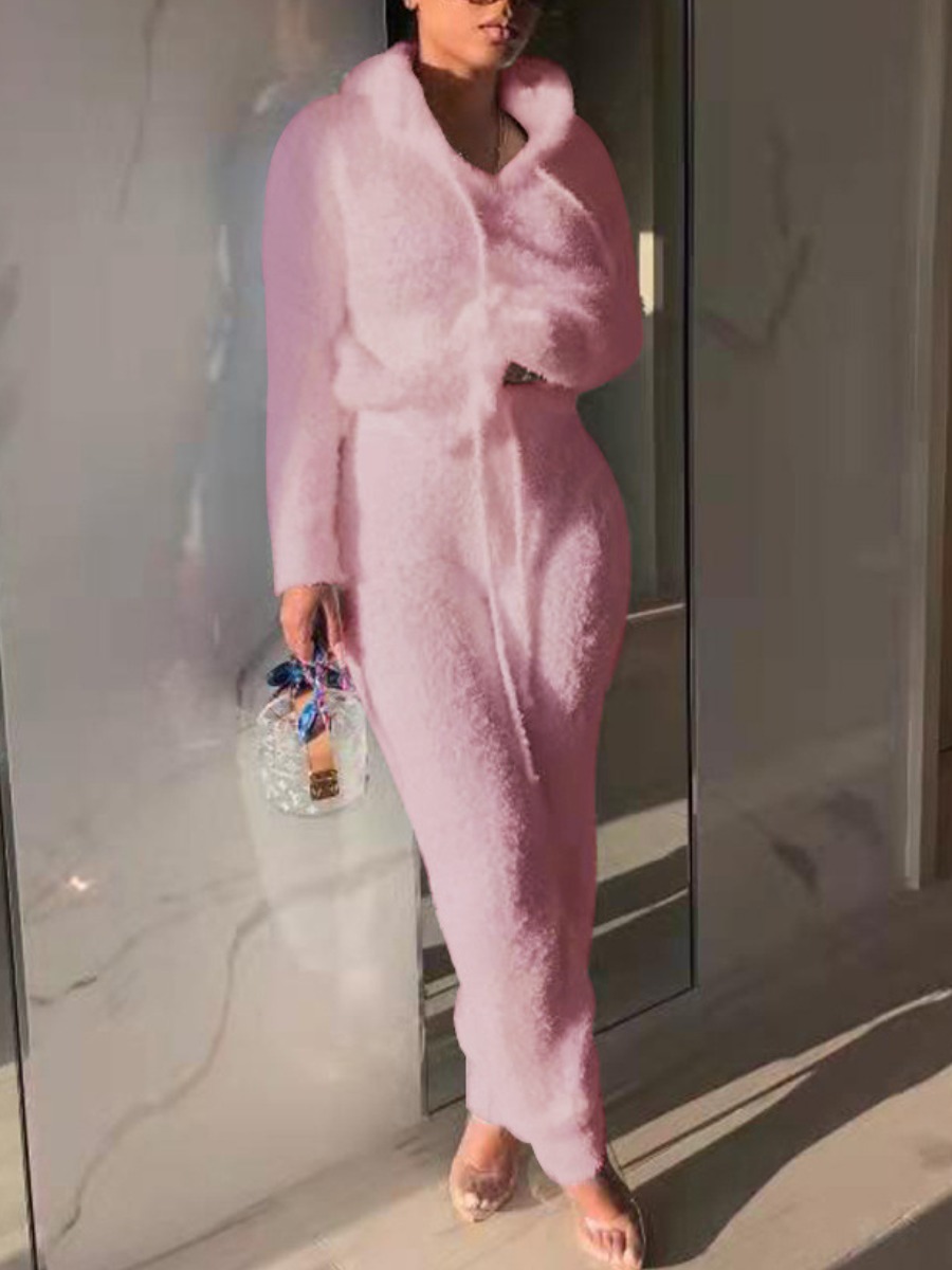 

LW Hooded Collar Teddy Pants Set, Pink