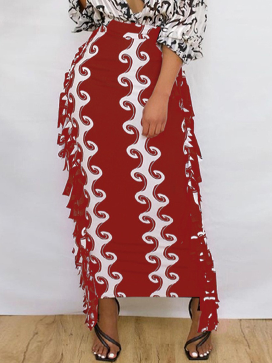 

LW Geometric Print Tassel Design Skirt, Red