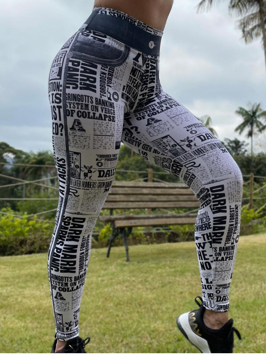 

LW Letter Print Pocket Design Skinny Leggings, Black