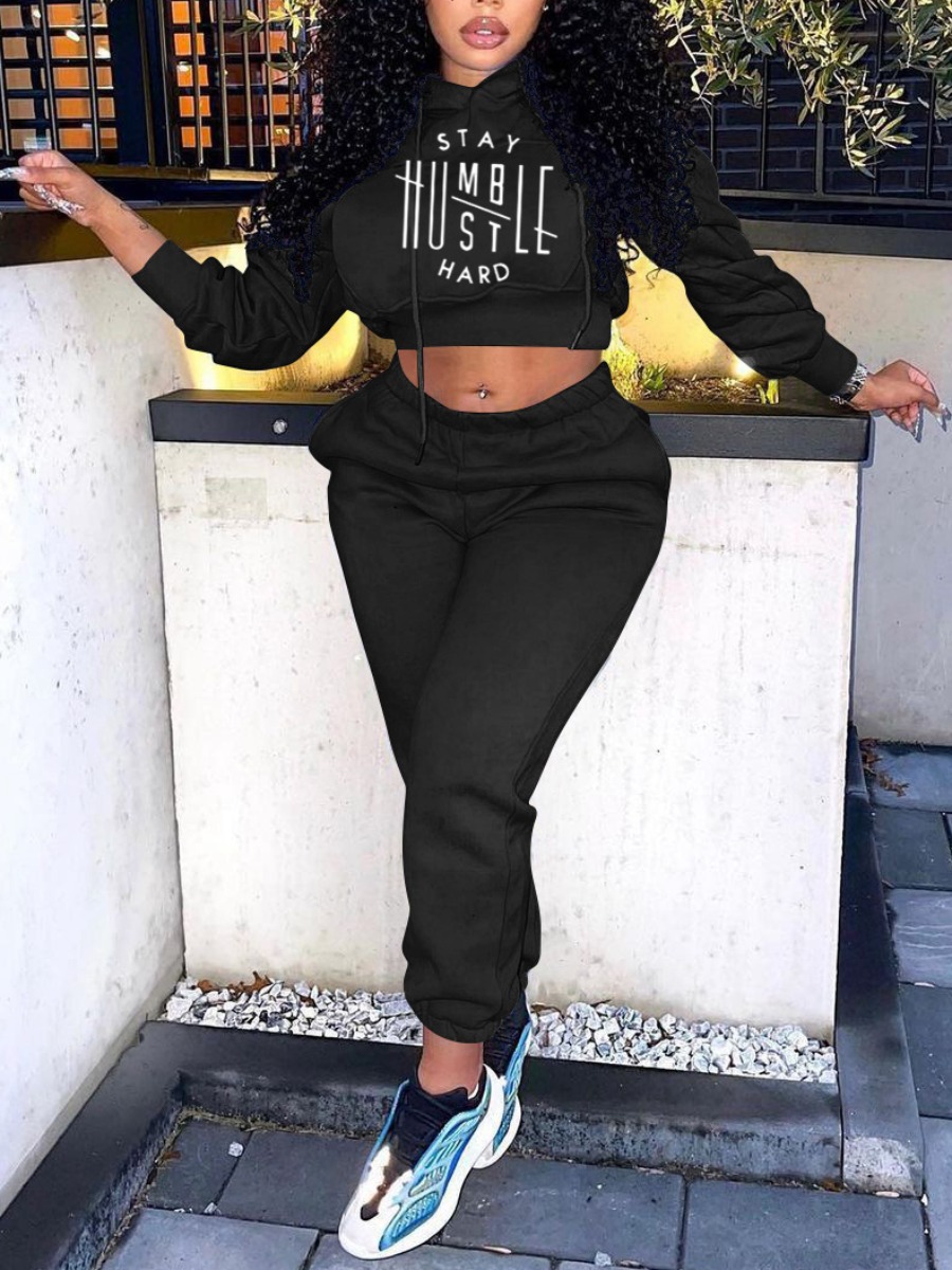 

LW Hooded Collar Letter Print Tracksuit Set, Black