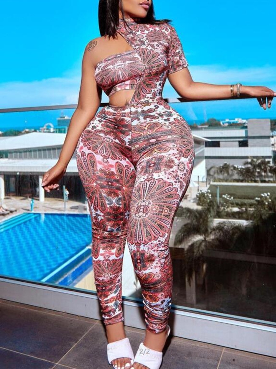

LW SXY One Shoulder Mixed Print Jumpsuit Set, Wine red