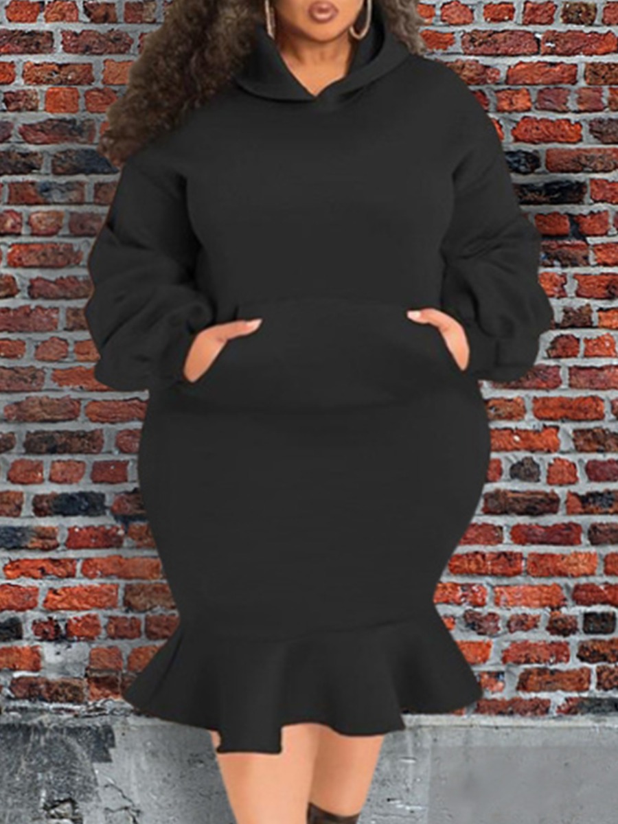 

LW Plus Size Kangaroo Pocket Flounce Design Skirt Set, Black