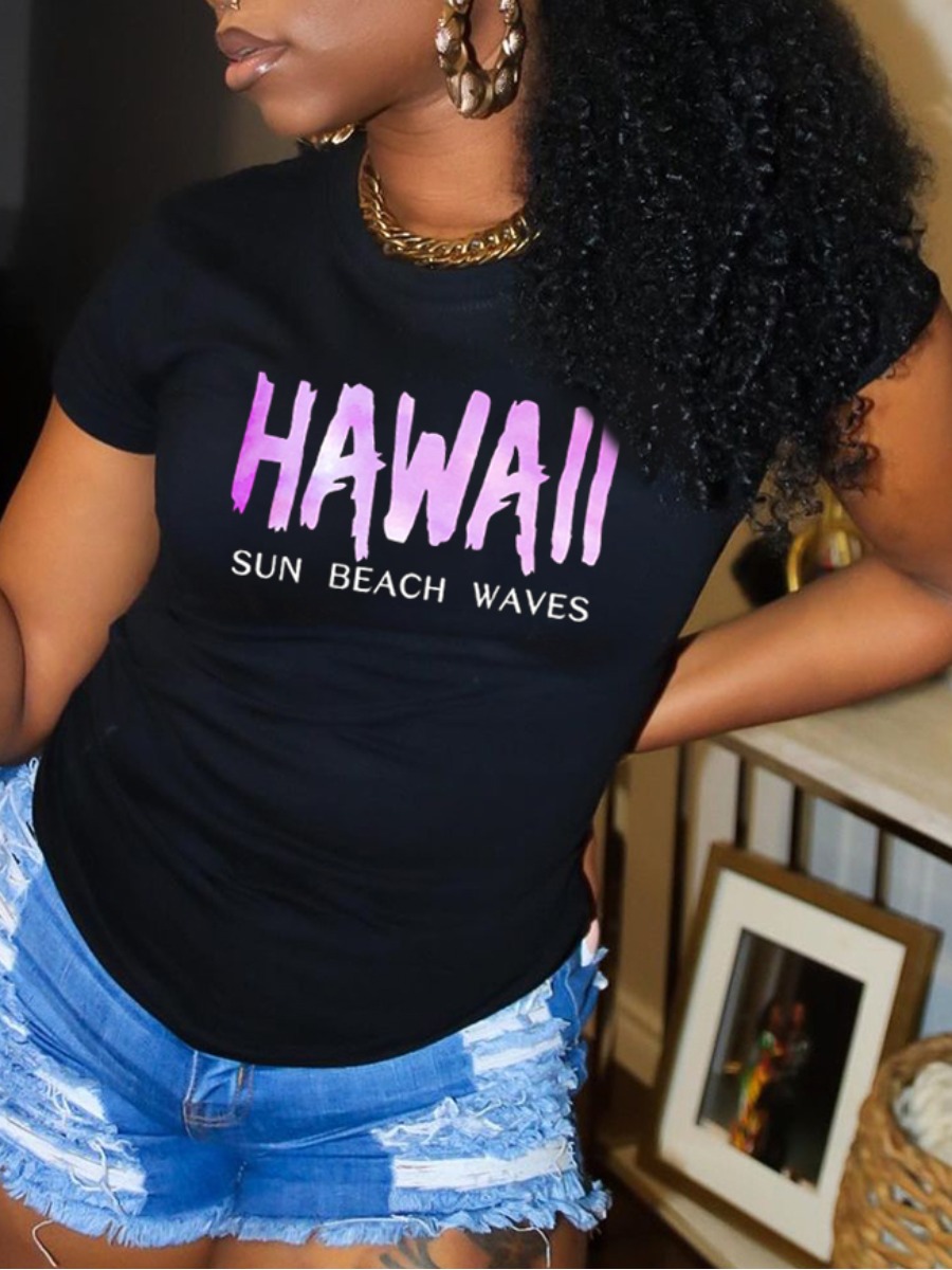 

LW COTTON Round Neck Letter Print T-shirt, Black