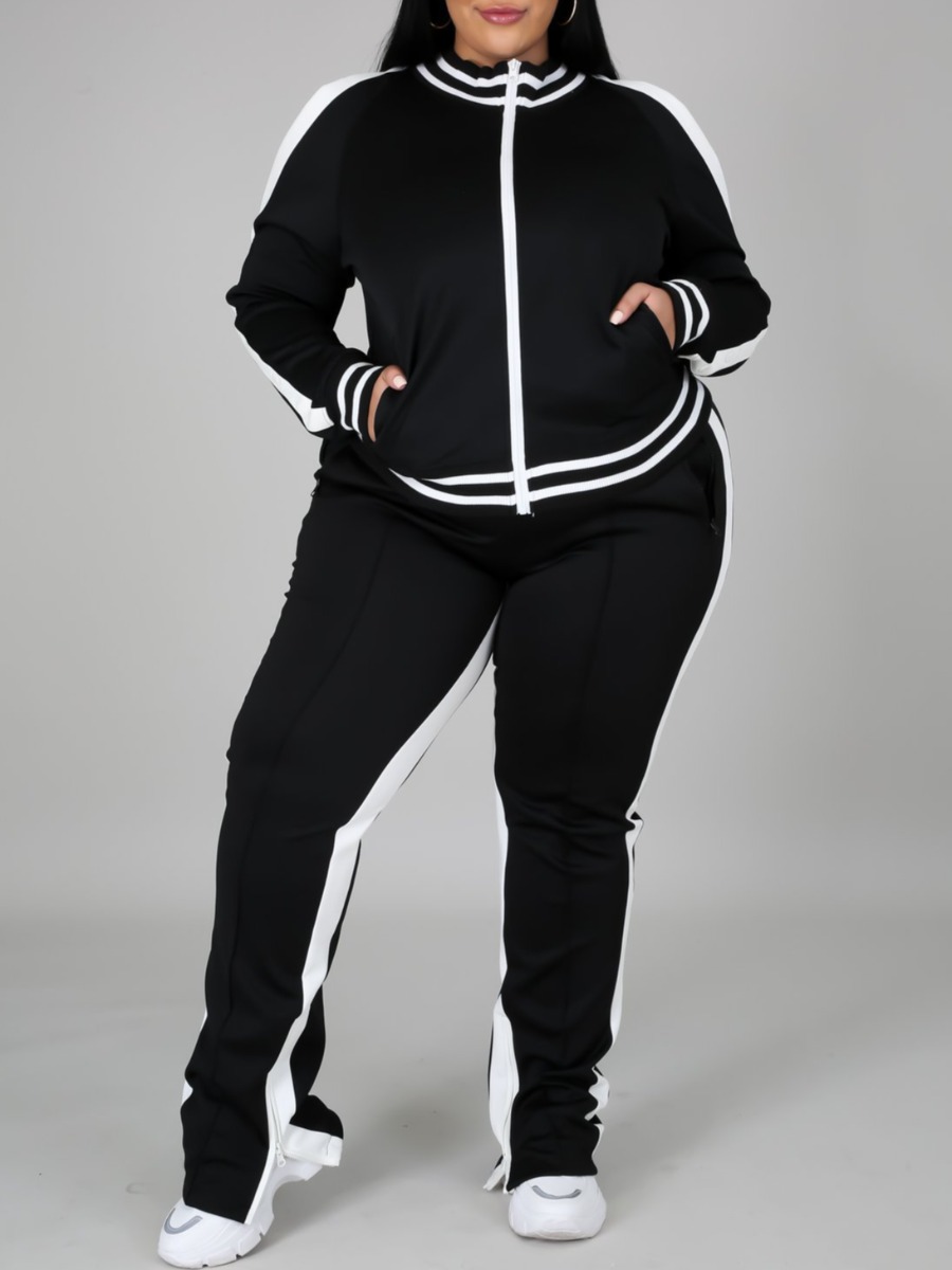 

LW Plus Size Striped Zipper Design Tracksuit Set, Black