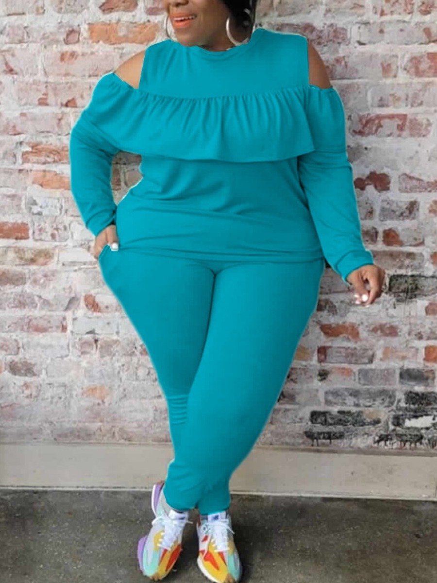 

LW Plus Size Cut Out Ruffle Design Pants Set, Blue