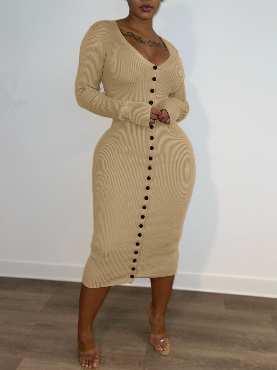 

LW SXY Rib-Knit Button Design Bodycon Dress, Khaki