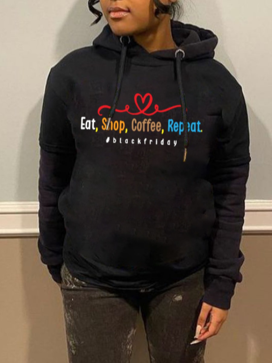 

LW Hooded Collar Letter Print Hoodie, Black