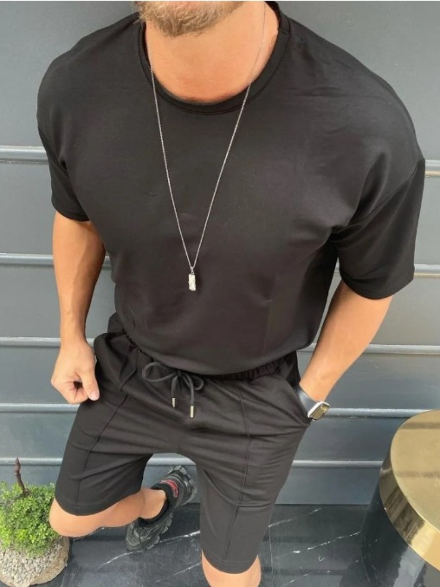 

LW Men Round Neck Drawstring Shorts Set, Black