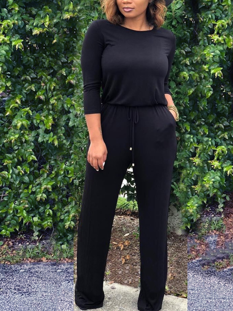 

LW BASICS Round Neck Drawstring Jumpsuit, Black
