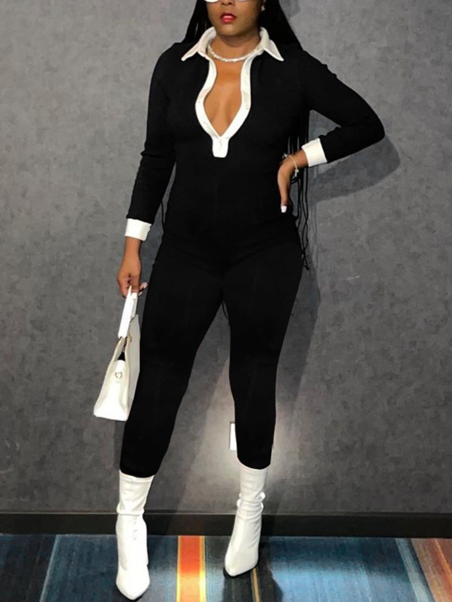 

LW Turndown Collar Patchwork Jumpsuit, Black