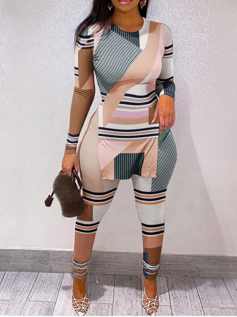 

LW Geometric Print Side Slit Pants Set, Stripe