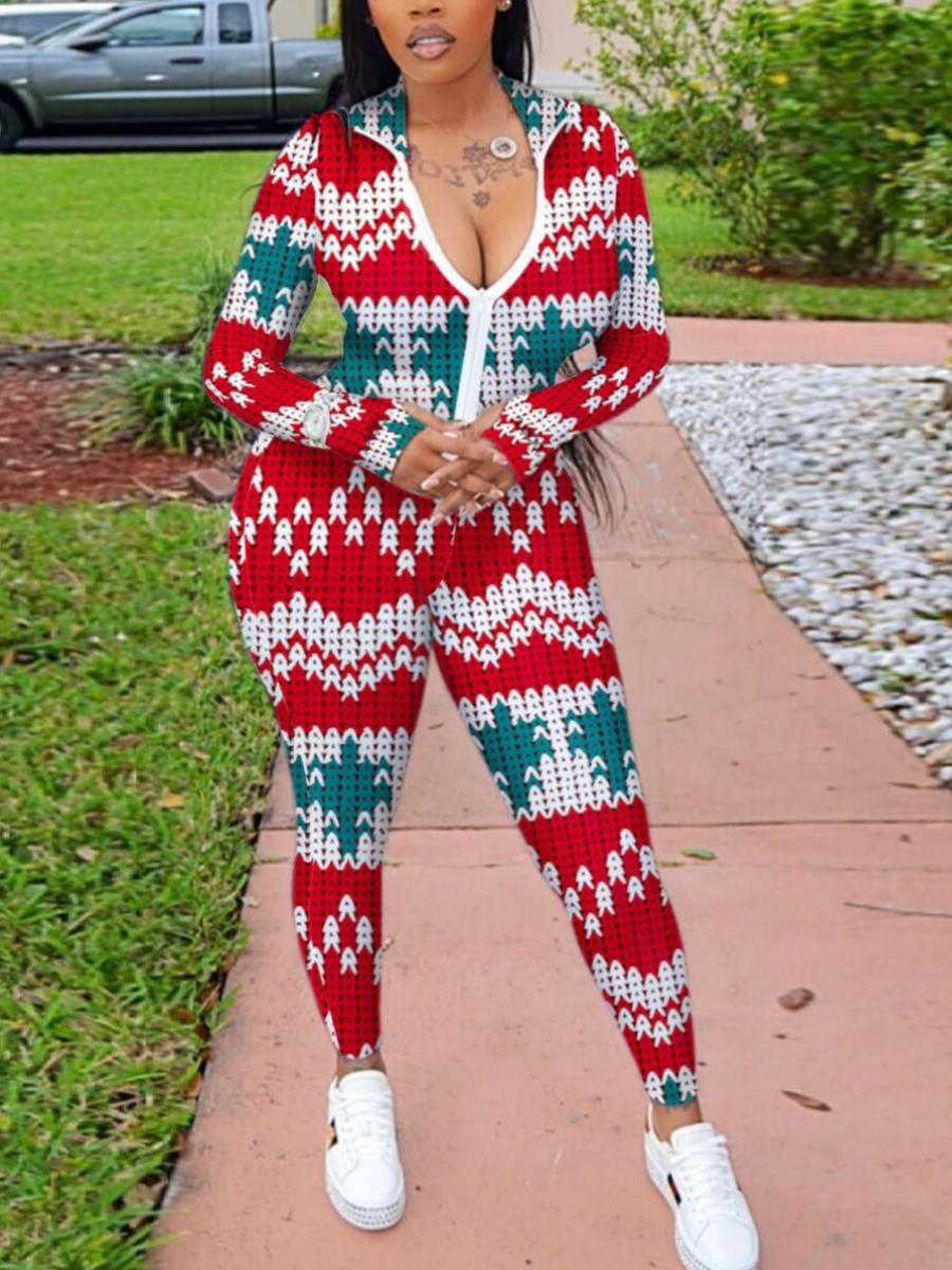 

LW Milk Fiber Zipper Design Pattern Santa Claus Skinny Jumpsuit, Multi