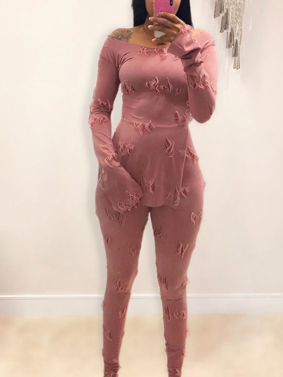 

LW Ripped Side Slit Pants Set, Pink