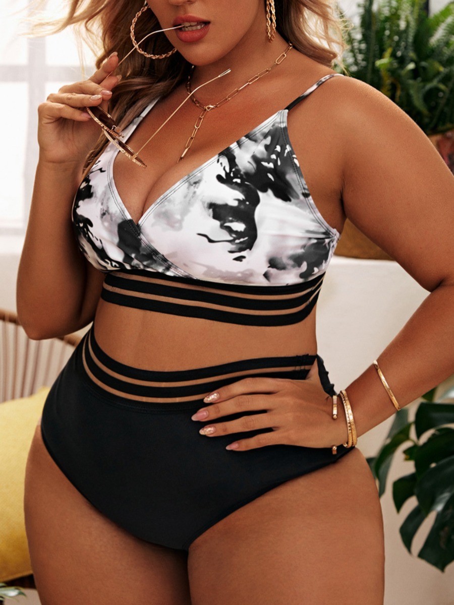 

LW Plus Size Polyester Mid Waist Basic Print Skinny Tankinis, Black