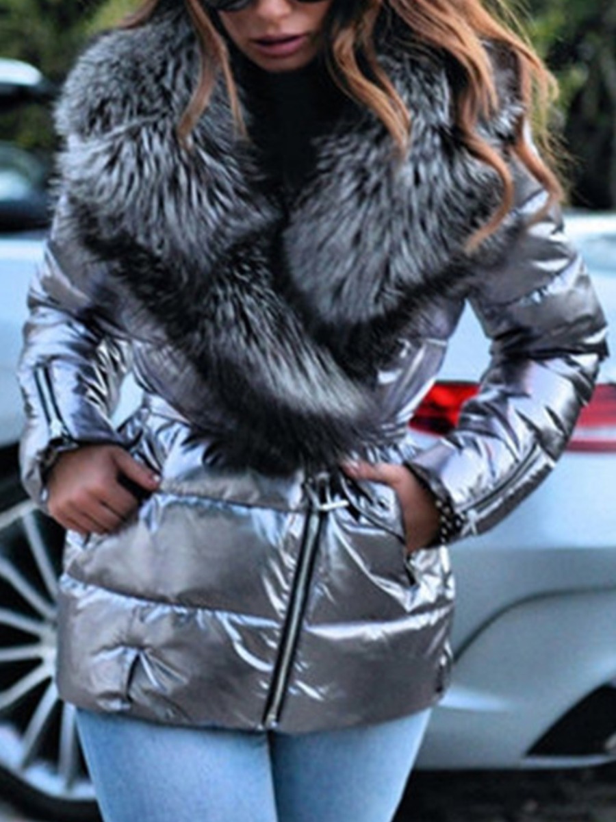 

LW Hooded Collar Zipper Design Puffer Jacket, Silver