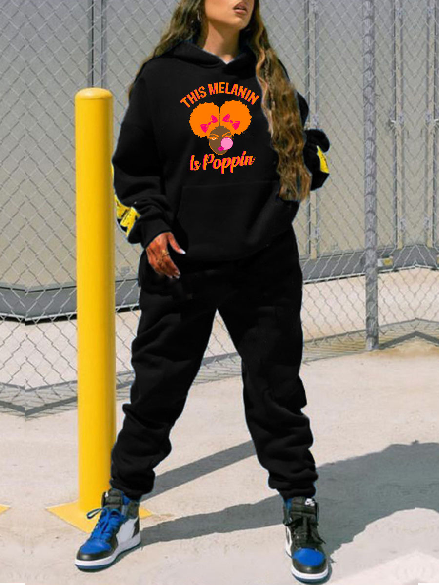 

LW Plus Size Cartoon Letter Print Hoodie, Black