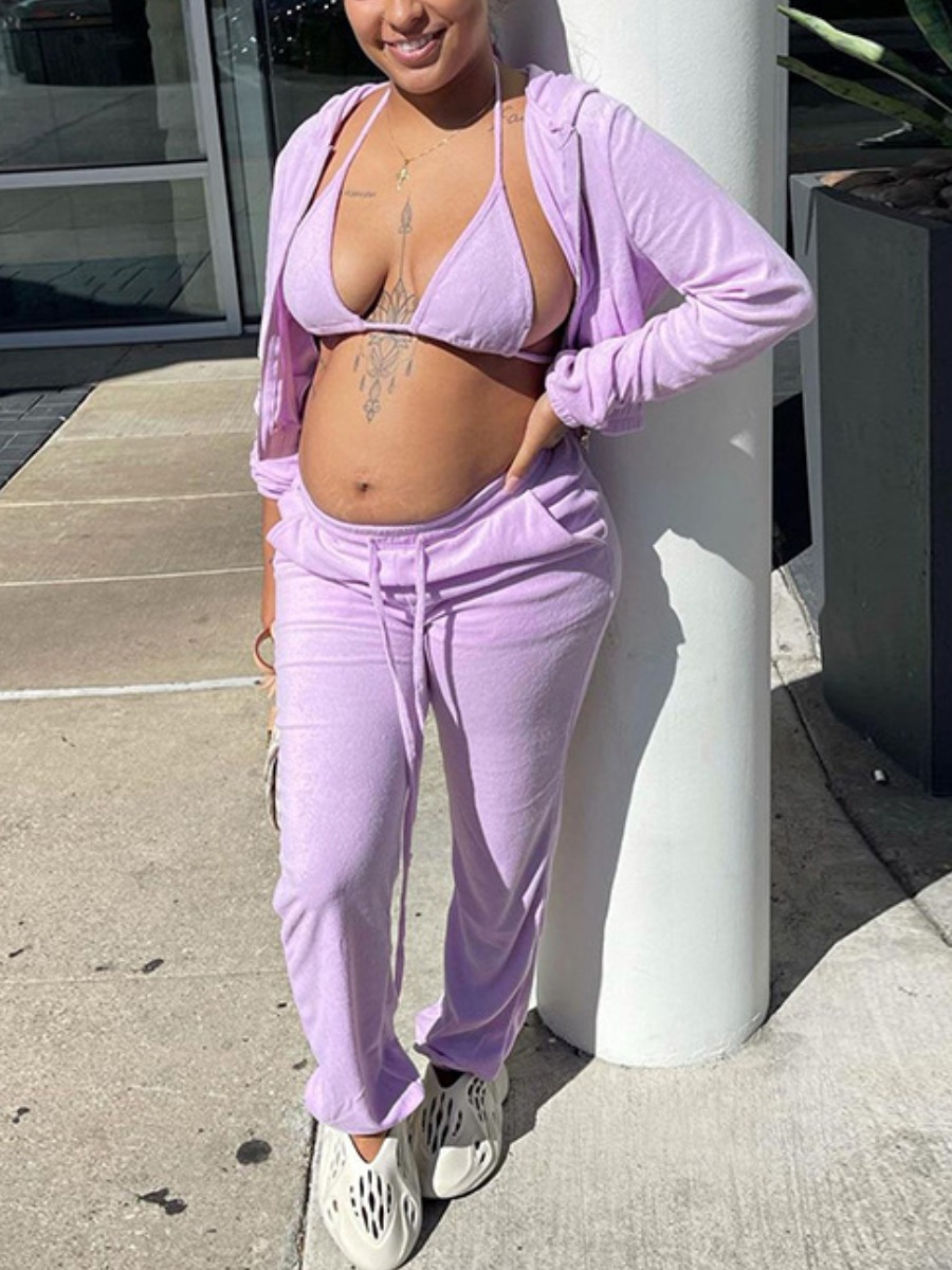 

LW Hooded Collar Drawstring Three Piece Tracksuit Set, Purple