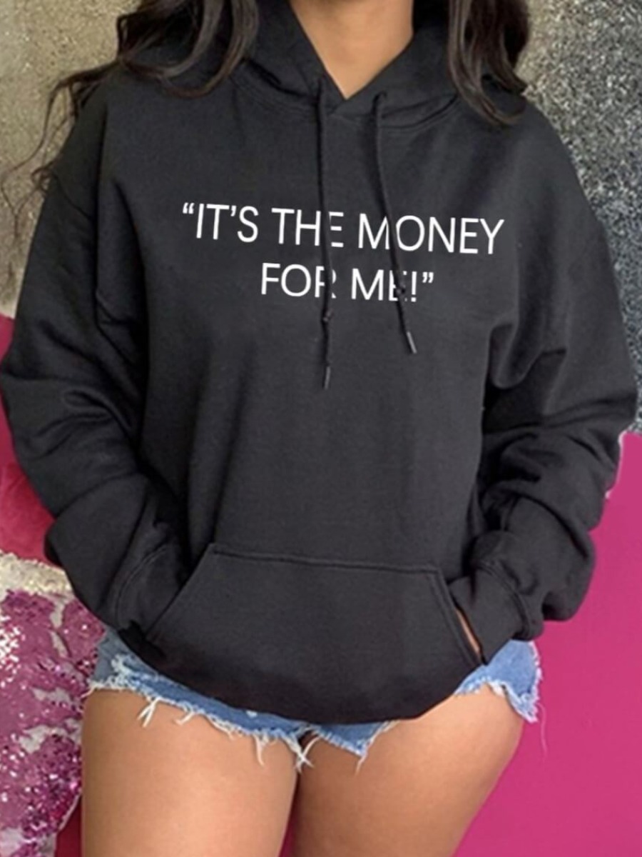 

LW Letter Print Kangaroo Pocket Hoodie, Black