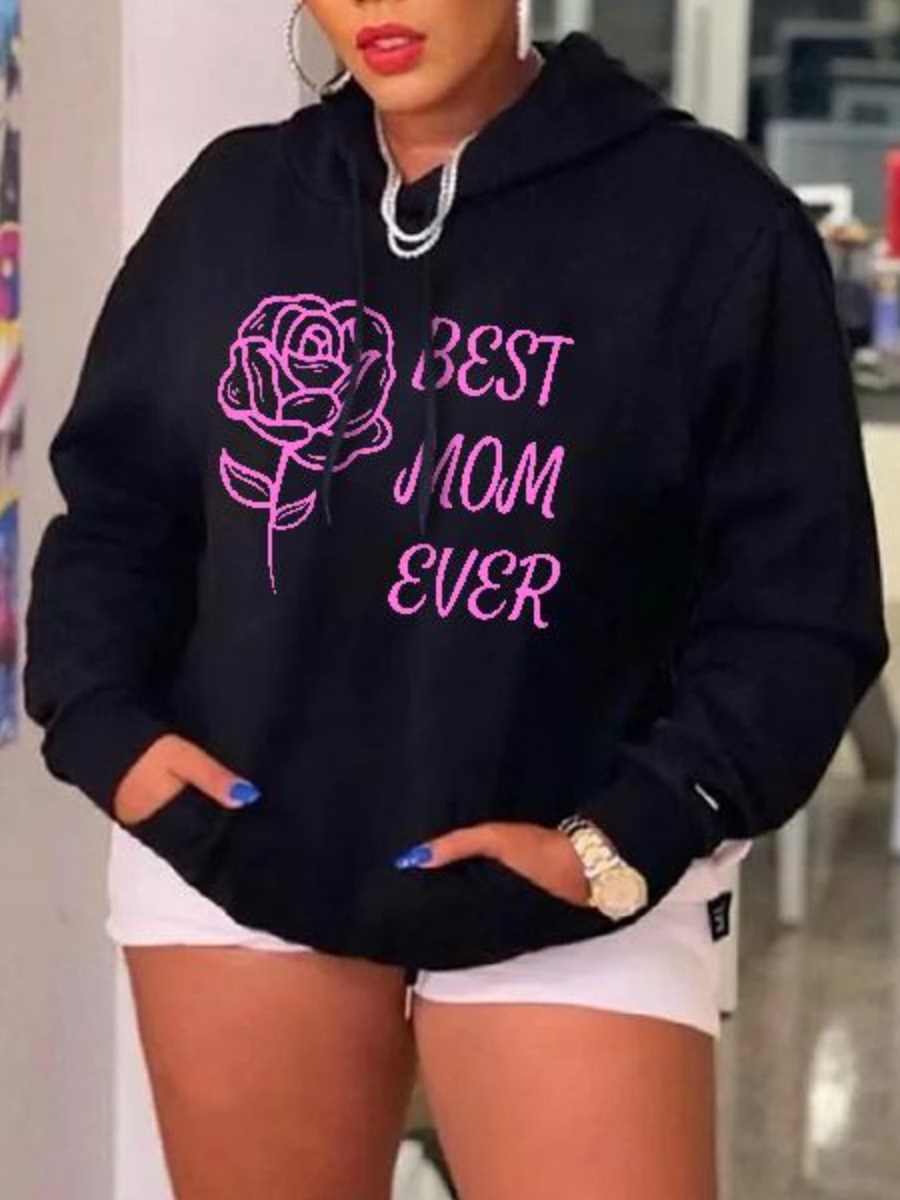 

LW Rose Letter Print Hoodie, Black