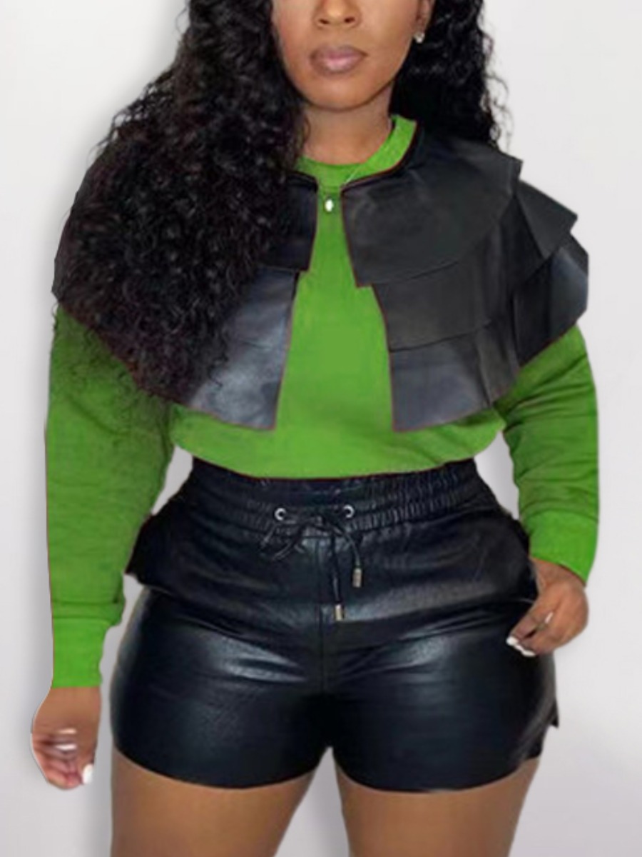 

LW Layered Cascading Drawstring Leather Shorts Set, Green