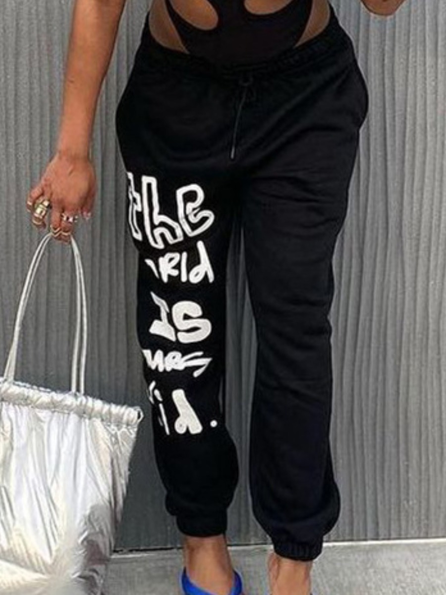 LW Letter Print Drawstring Sweatpants, Black