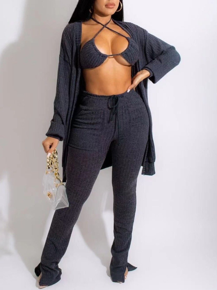 

LW Rib-Knit Drawstring Three Piece Pants Set, Dark grey