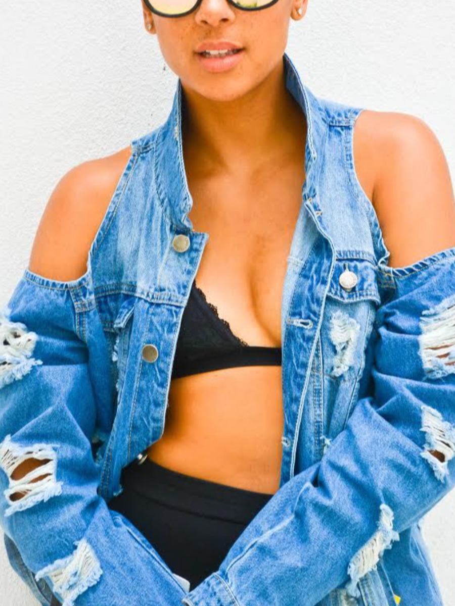 

LW Turndown Collar Ripped Denim Jacket, Blue