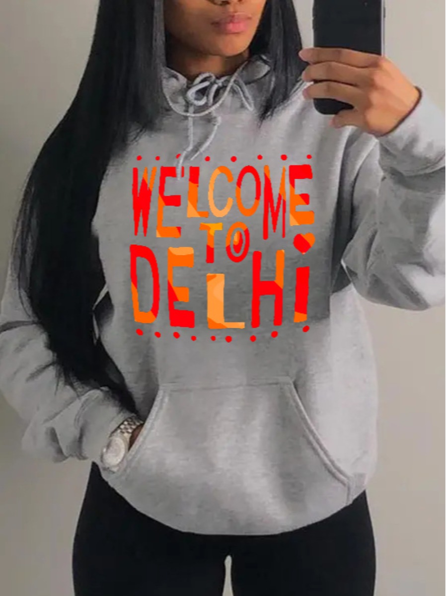 

LW Letter Print Kangaroo Pocket Hoodie, Grey