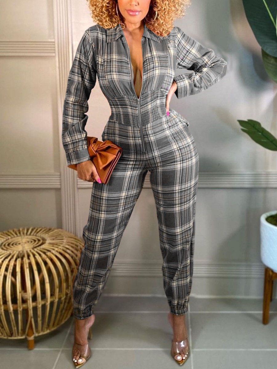 

LW Plaid Print Zipper Design Jumpsuit, Grey