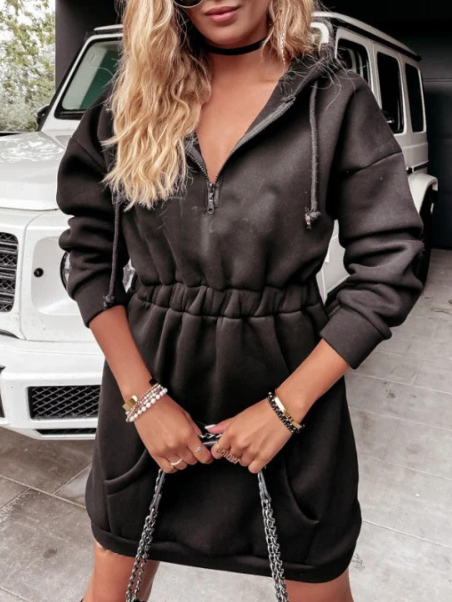 

LW Hooded Collar Kangaroo Pocket Drawstring Sweater Dress, Black