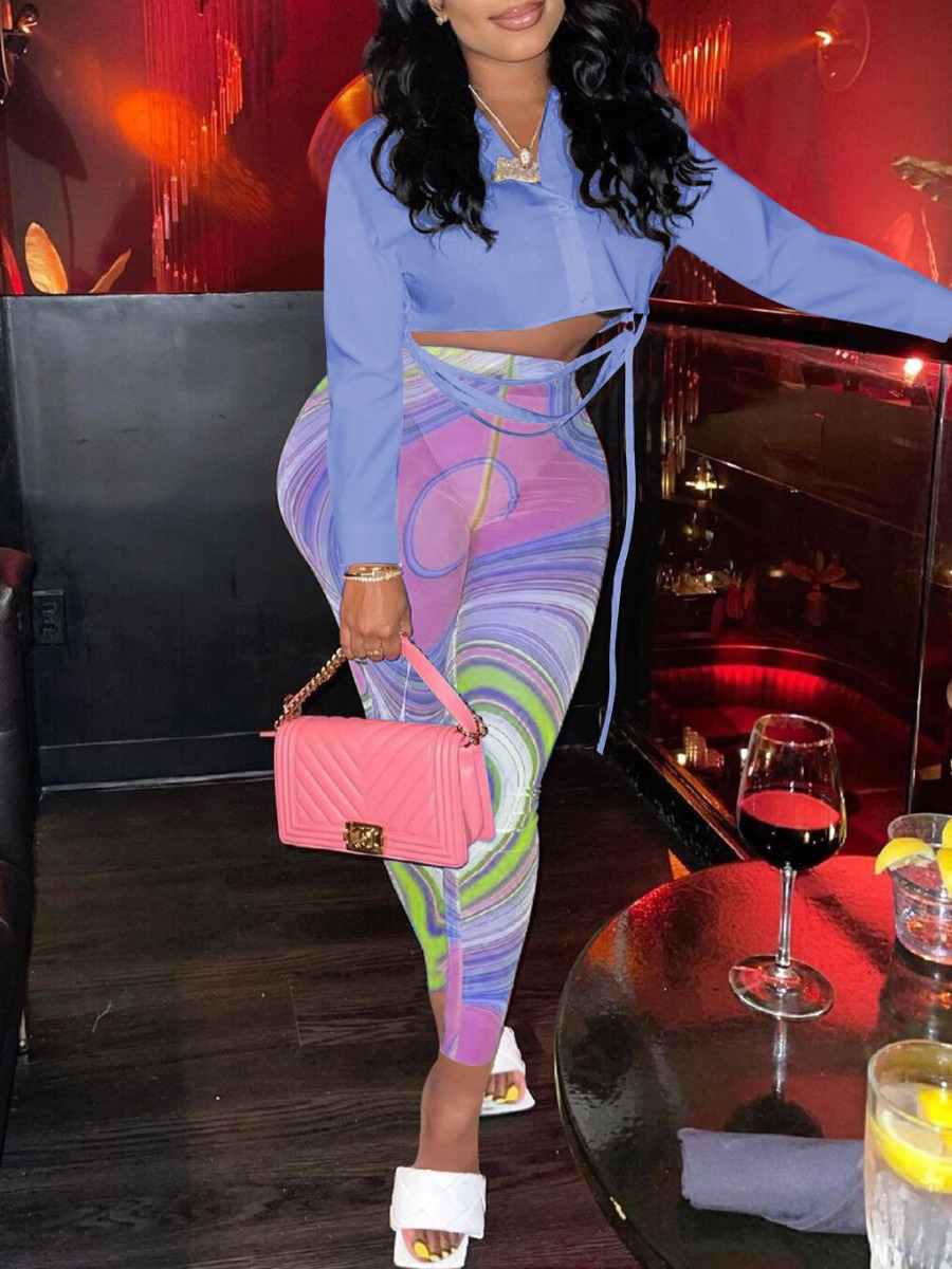 

LW Crop Top Striped Pants Set, Blue