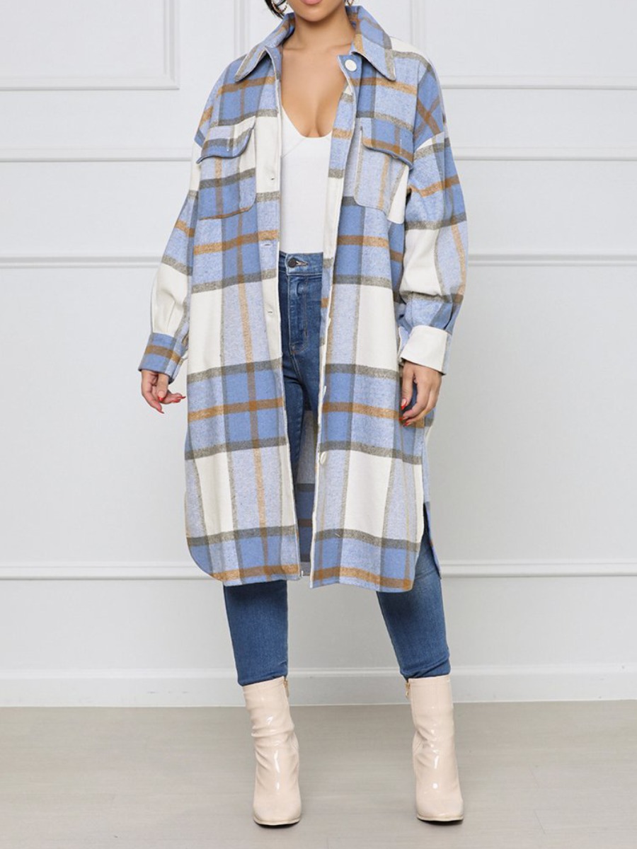 

LW Plaid Print Loose Wool Overcoat, Blue