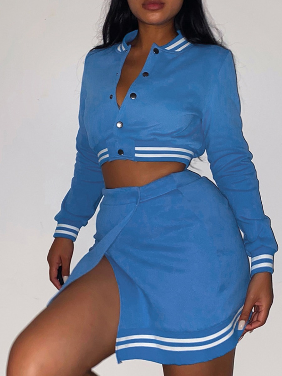 

LW Baseball Collar Button Front Crop Top Side Slit Skirt Set, Blue