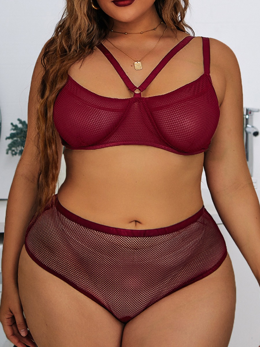 

LW SXY Plus Size See-through Bra Set, Wine red