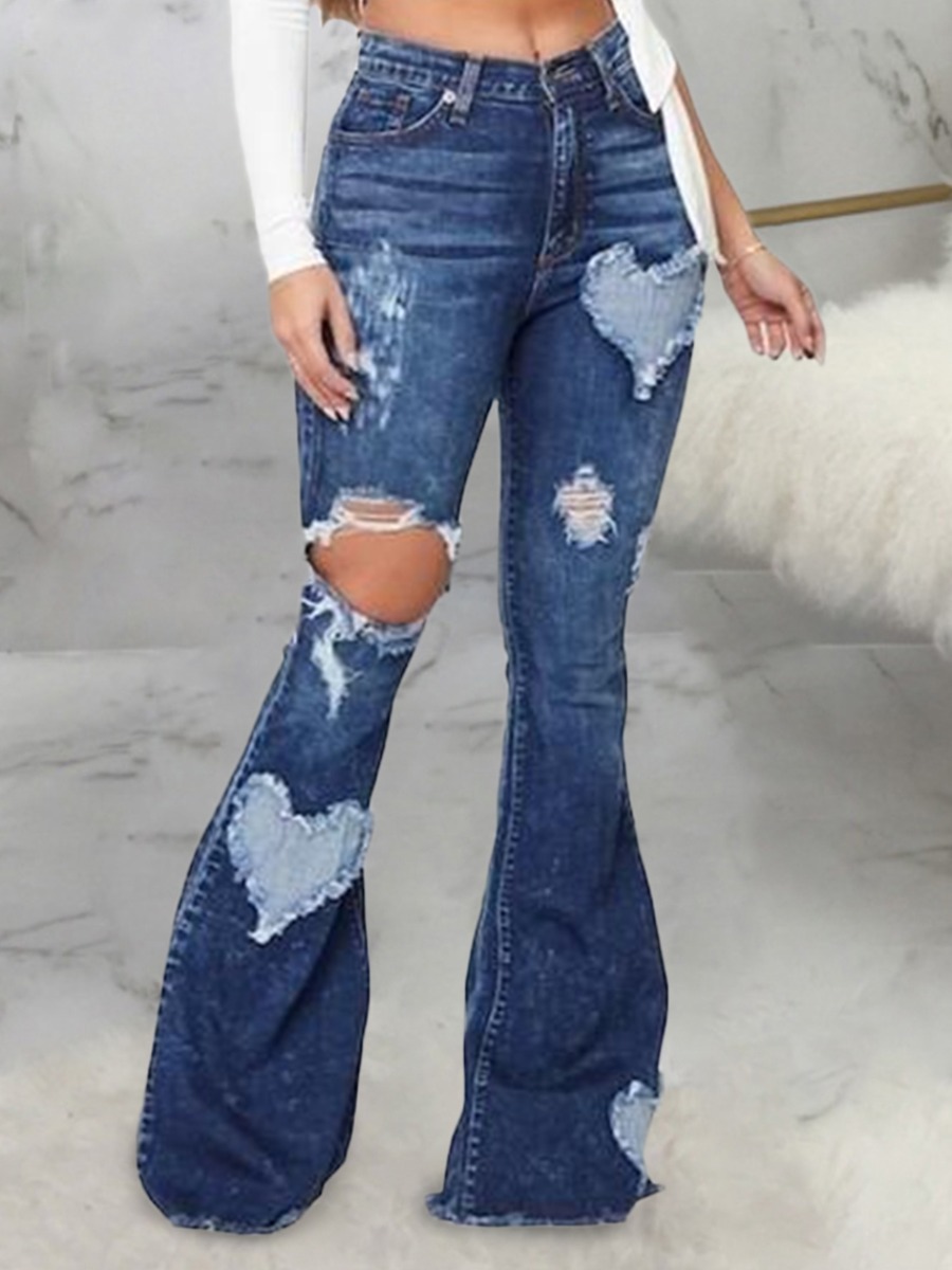 

LW High Stretchy Ripped Flared Jeans, Deep blue