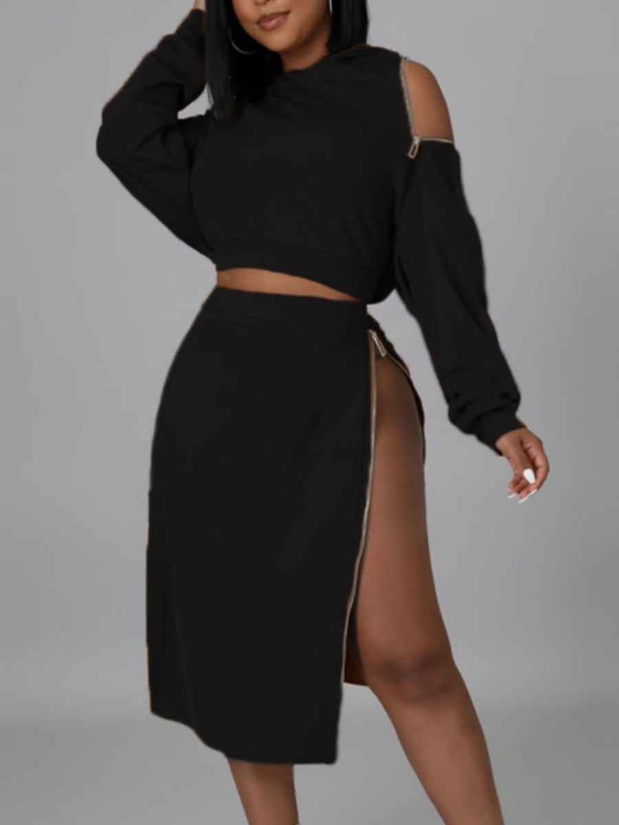 

LW SXY Hooded Collar Zipper Design Skirt Set, Black