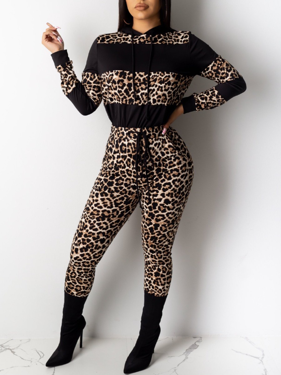 

LW Leopard Print Drawstring Pants Set, Black