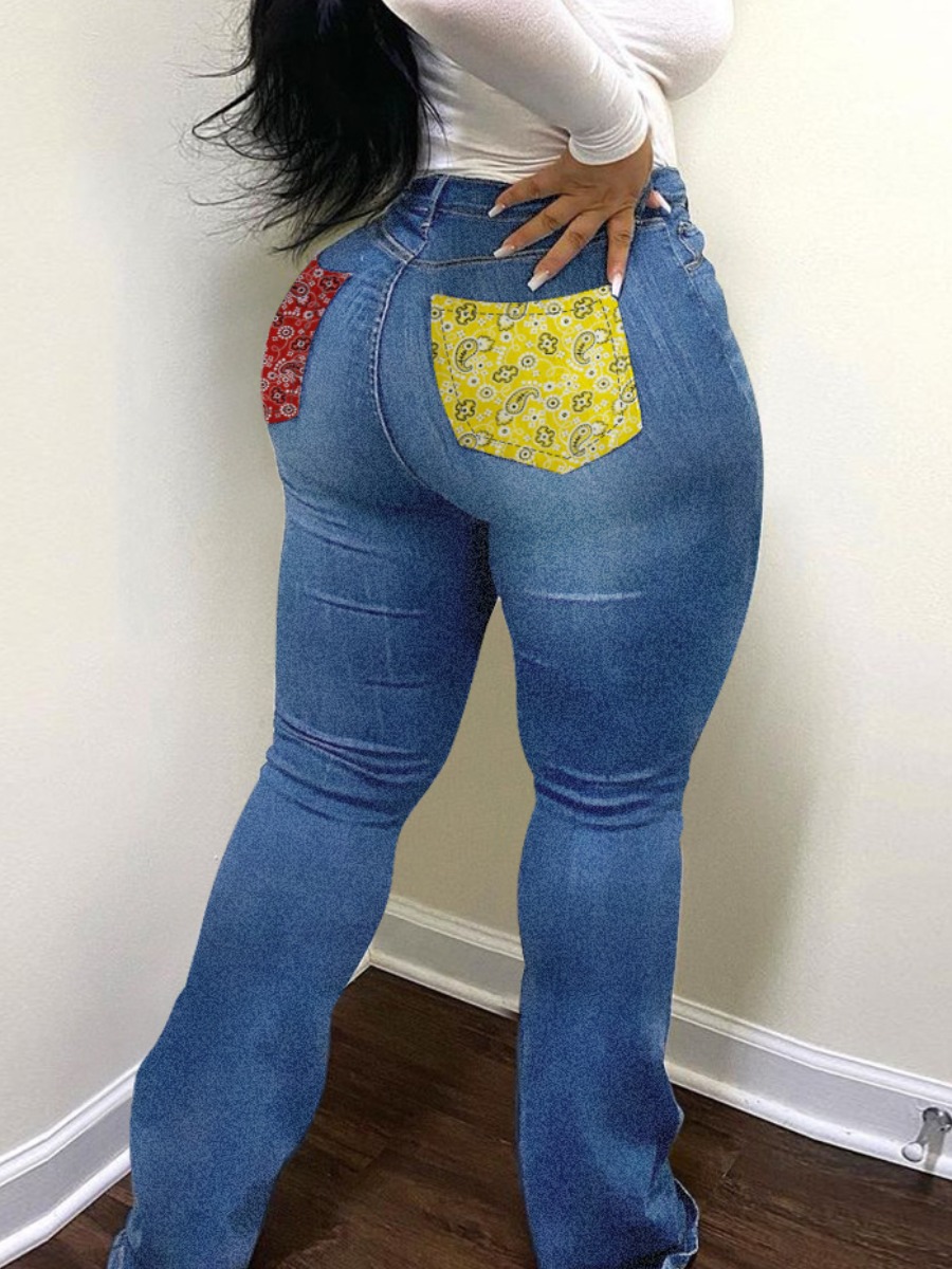 

LW Cashew Print Patchwork Boot Cut Jeans, Blue