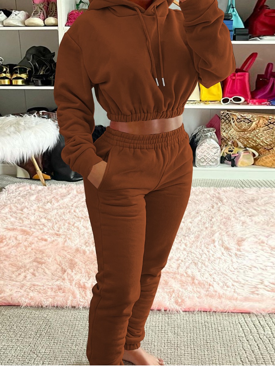 

LW Drawstring Cropped Hoodie Tracksuit Set, Coffee