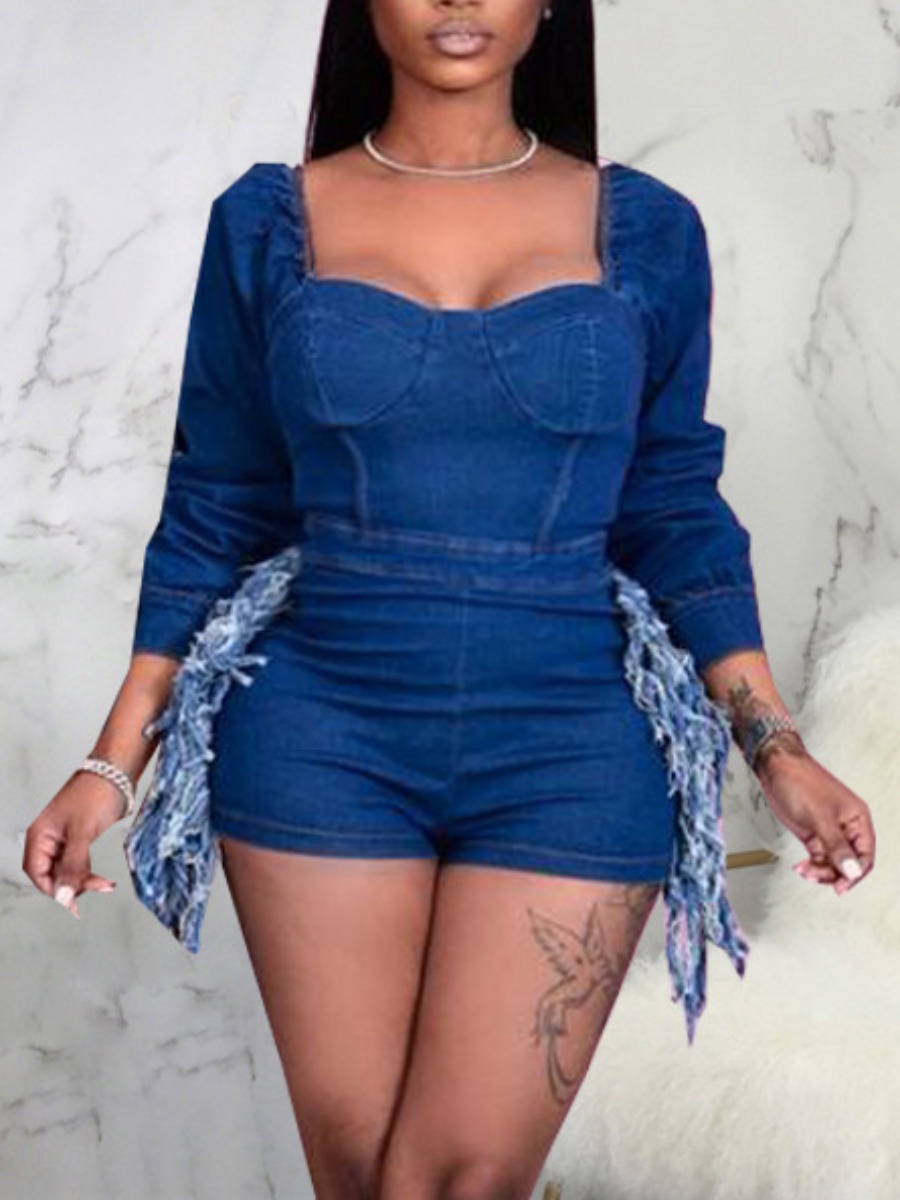 

LW Ruffle Tassel Design Denim Jumpsuit, Blue