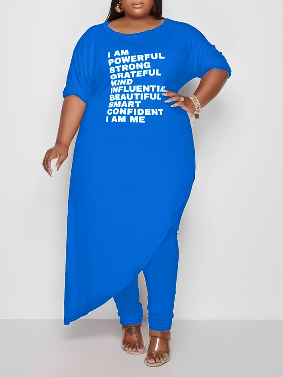 

LW Plus Size Letter Print Asymmetrical Pants Set, Blue
