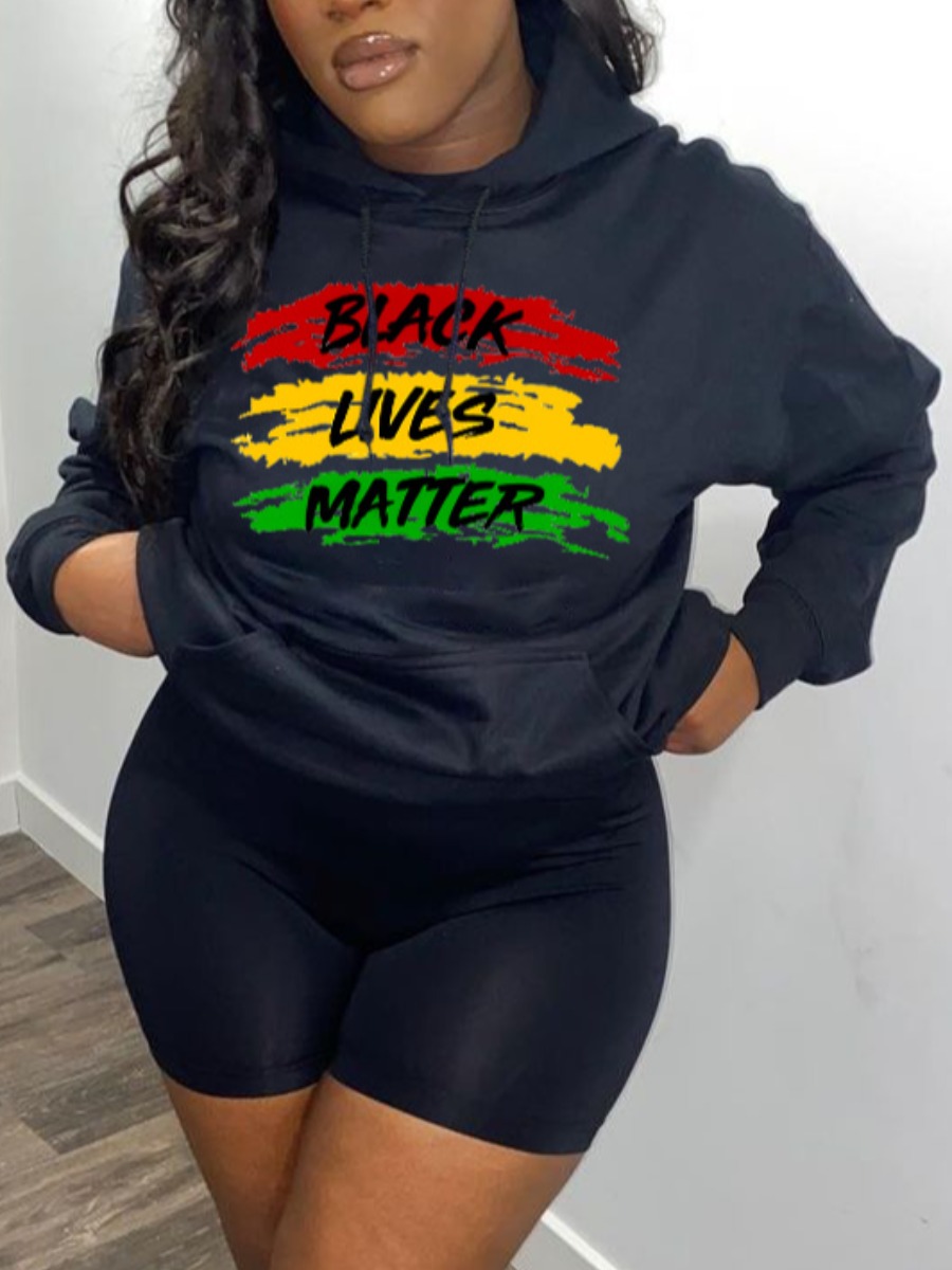 

LW Letter Print Kangaroo Pocket Hoodie, Black