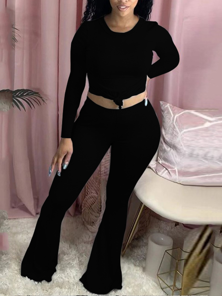 LW BASICS Cotton Blends Lace-up Solid Regular Two-piece Pants Set, Black