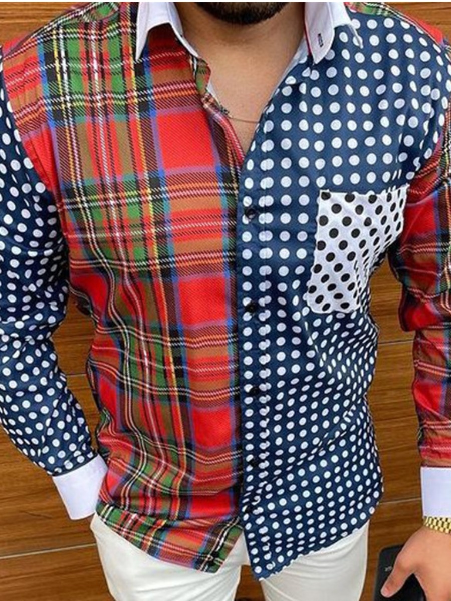 

LW Men Plaid Dot Print Shirt, Multi
