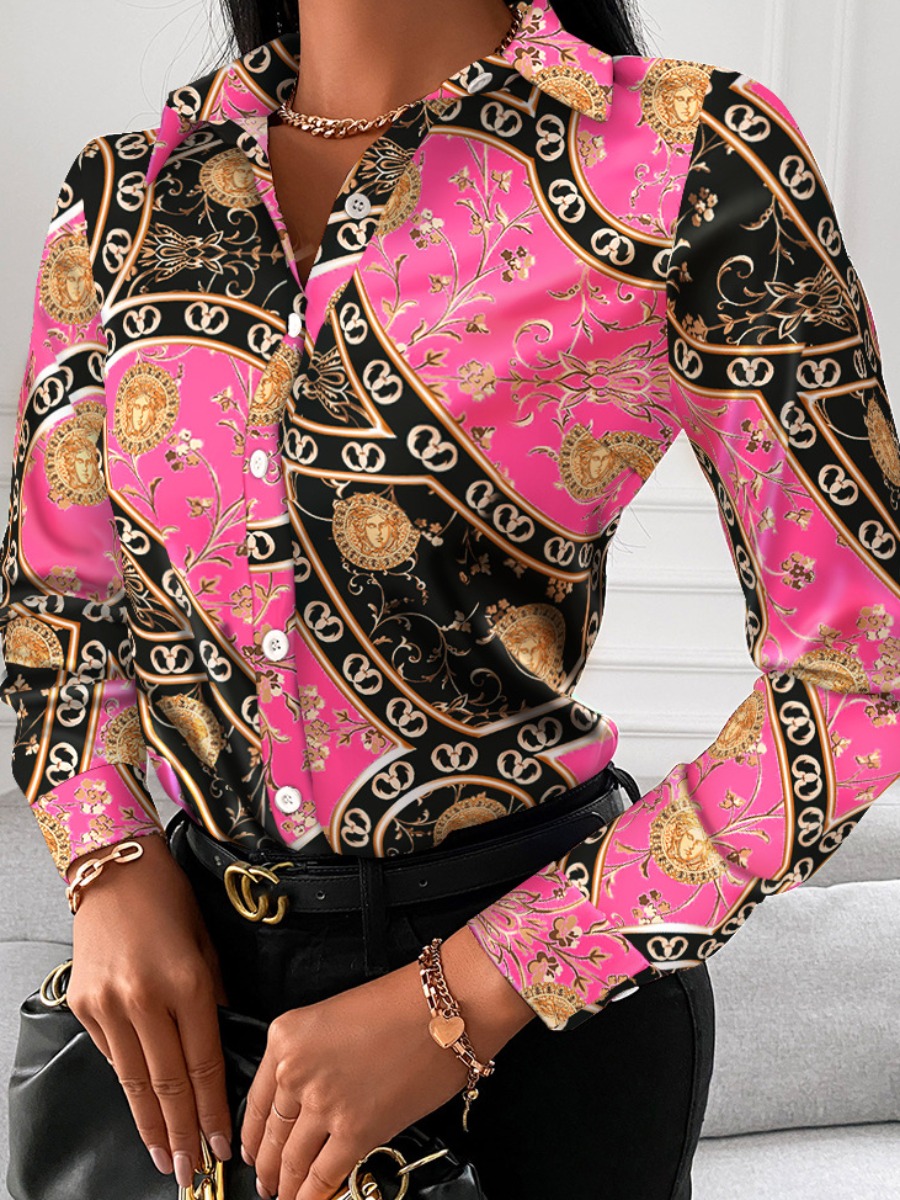 

LW Turndown Collar Floral Print Shirt, Pink